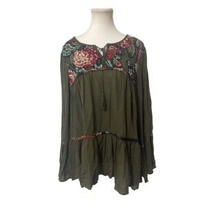 Life Style Olive Green Embroidered Tassel Tunic Top Blouse Women's‎ Medium